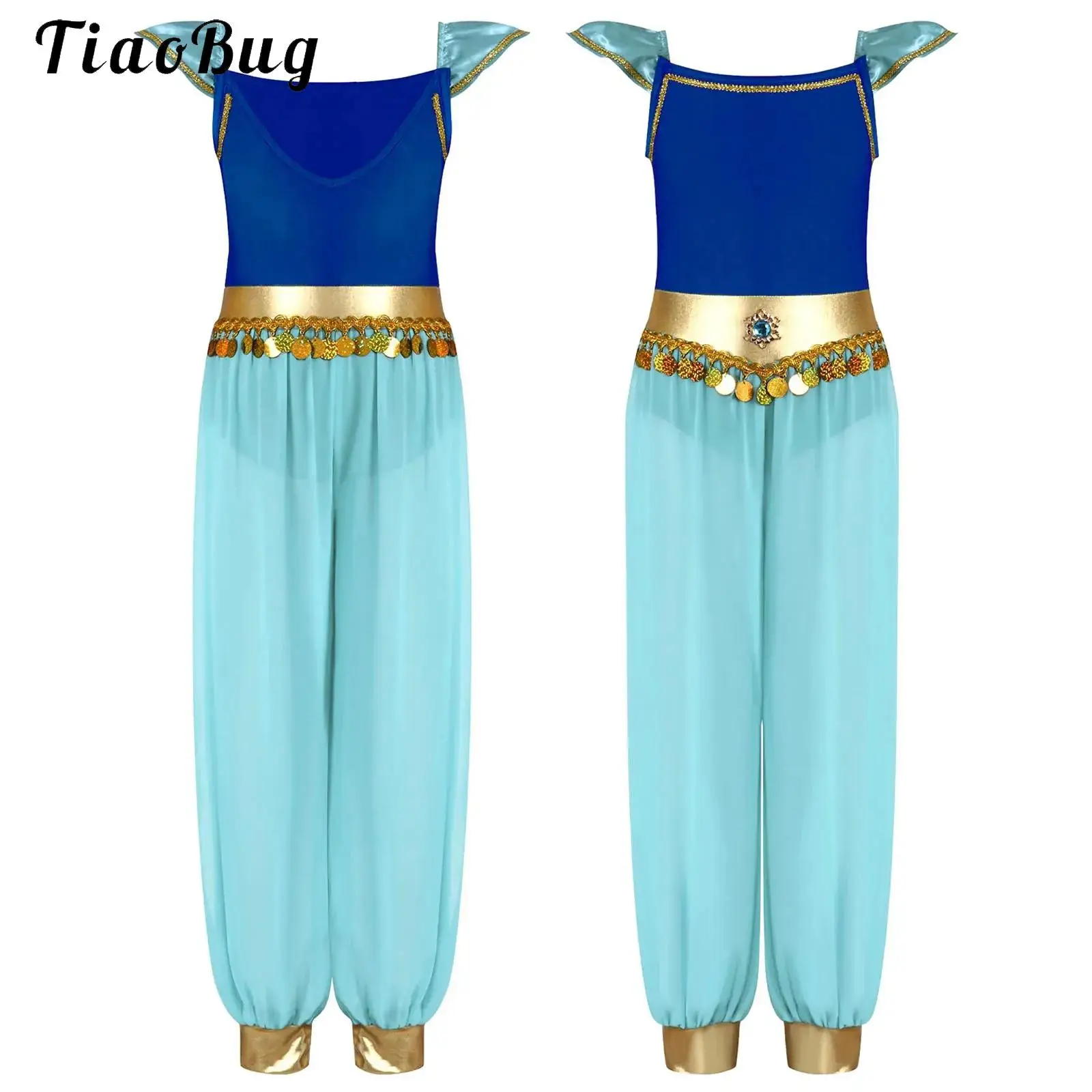 

Halloween Jasmine Fancy Dress Up Costume for Girl Kids Princess Cosplay Party Outfit Shiny Sequins Jumpsuit Performance Clothing