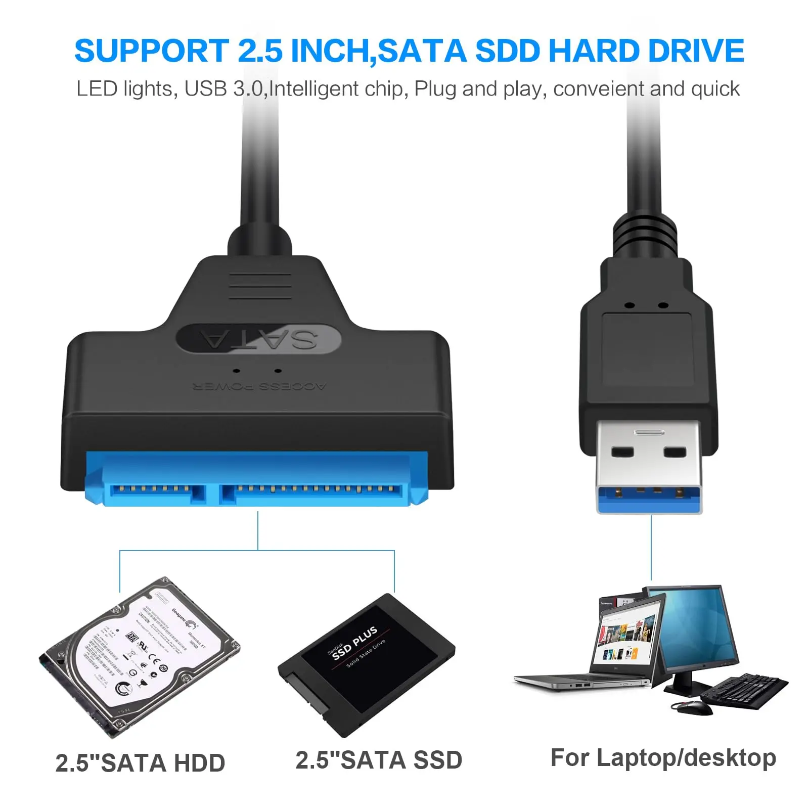 Cavo adattatore SATA a USB 3.0 per trasferimento dati HDD/SSD per disco rigido da 2,5 pollici, supporto convertitore per disco rigido esterno UASP (nero)