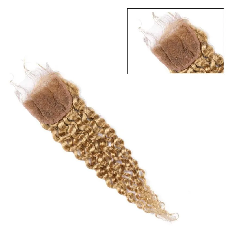 허니 블론드 4X4 투명 레이스 클로저 컬리 웨이브 # 27개의 인모, 베이비 헤어가 있는 미리 뽑은 생 레미 브라질 버진 헤어