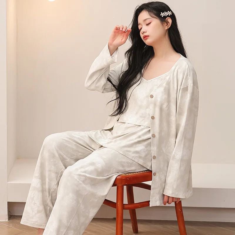 綿産後妊婦授乳スーツ長袖パジャマ春、秋、冬のホーム服