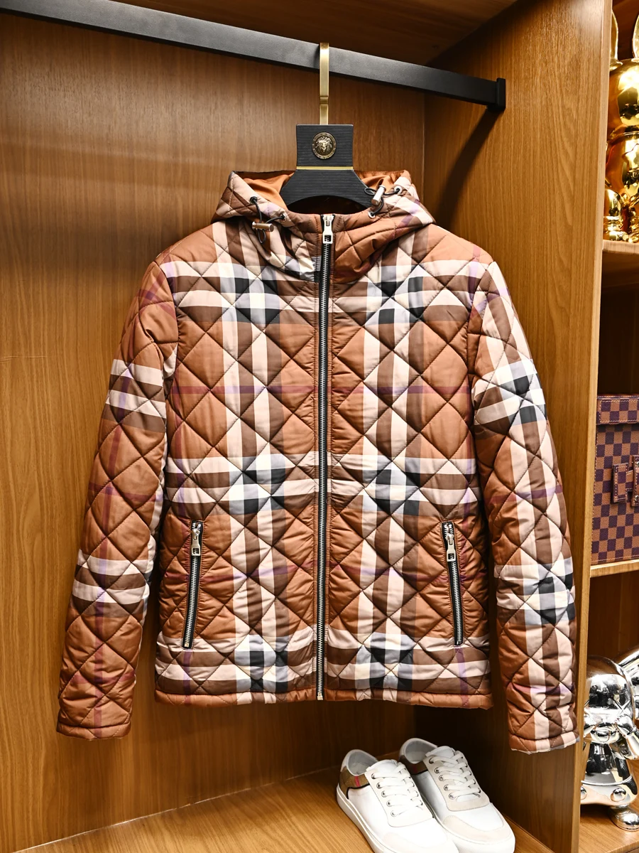 

Faionable Plaid Cotton Jaet Men's Winter Warm Slim Fit Luxury Personalized Hooded Sli Cotton Clothes Zipper Decoration