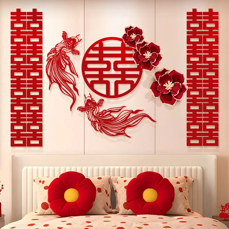 

Red Traditional Wedding Wall Stickers Chinese Wedding Wall Decoration Decal Party Supplies Bow Decorative Door Stickers Gifts
