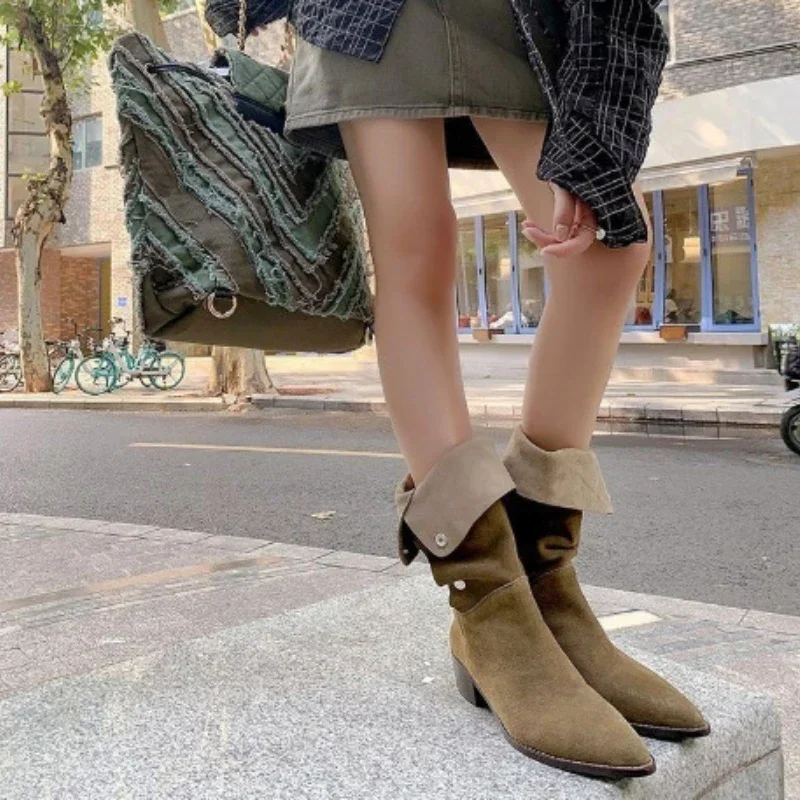 Women Retro Pleated Knee High Cowboy Boots 2024 Autumn High Heels Pointed Toe Thick Heeled Botas Western Boots Woman Long Botas image 6