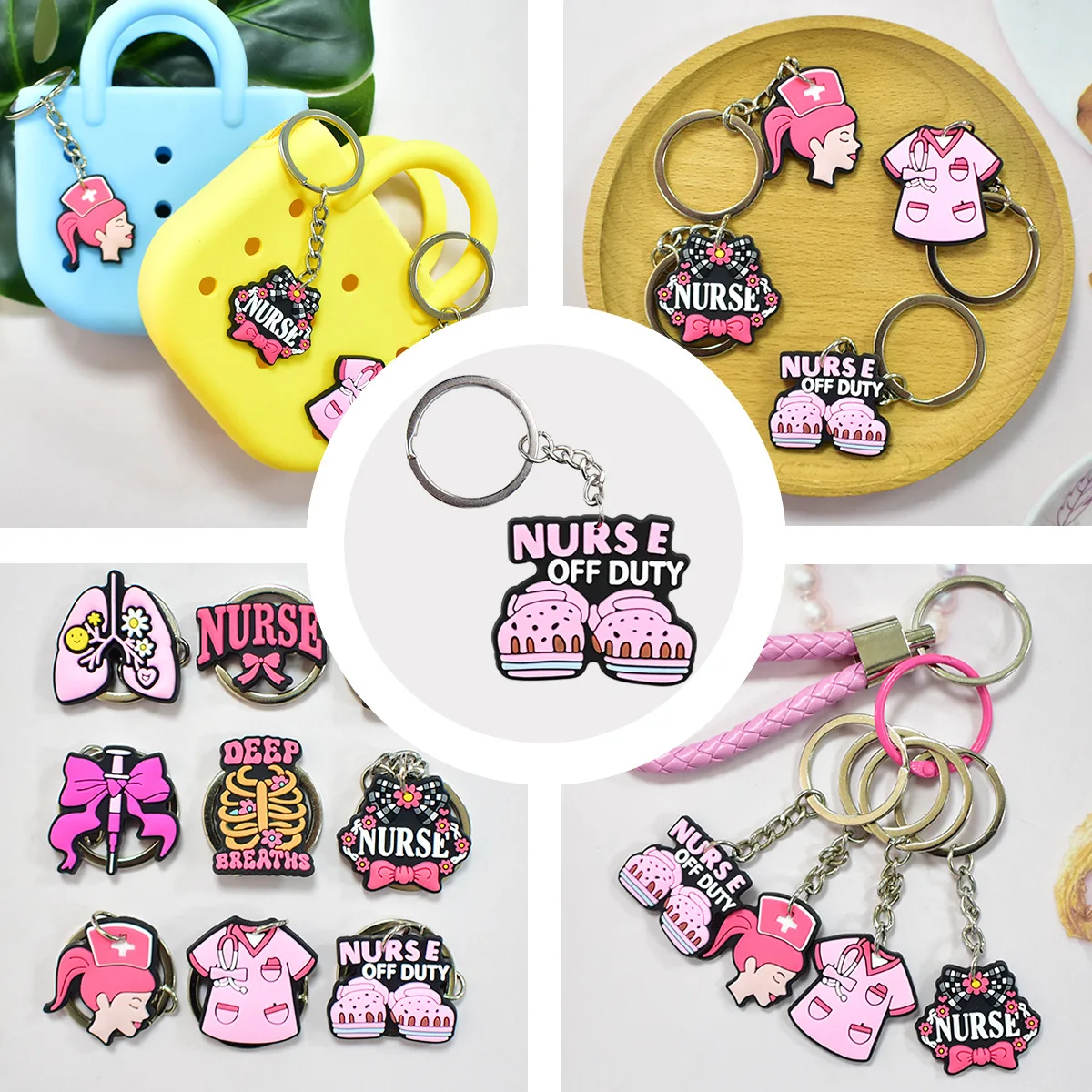 10 models Hot Sale Best Selling Pink Healthcare Themed PVC Ornaments Metal Key Ring Portable Small Decor Present For Nurse