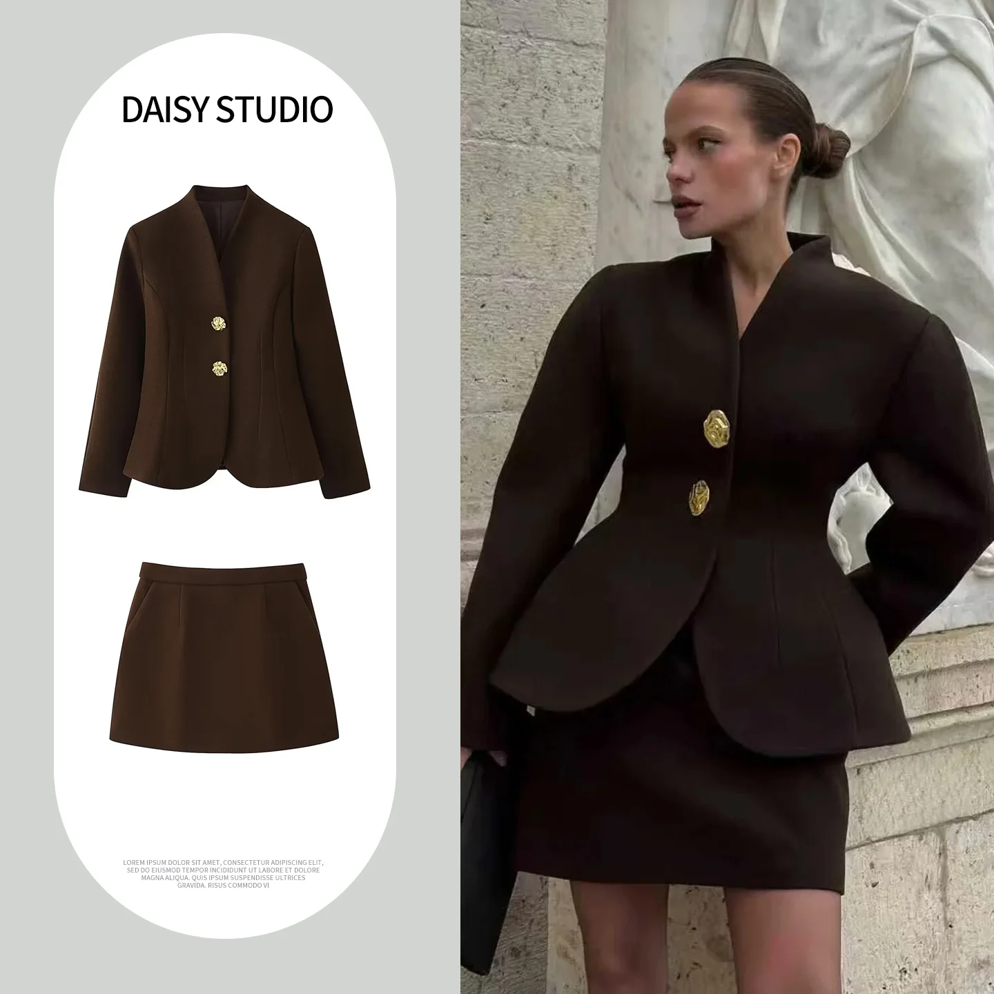 

Spring New Women's Fashion Suit Woolen Jacket Short Length Decorative Metal Buckle Waist-Cinching Midi Skirt Two-Piece Set