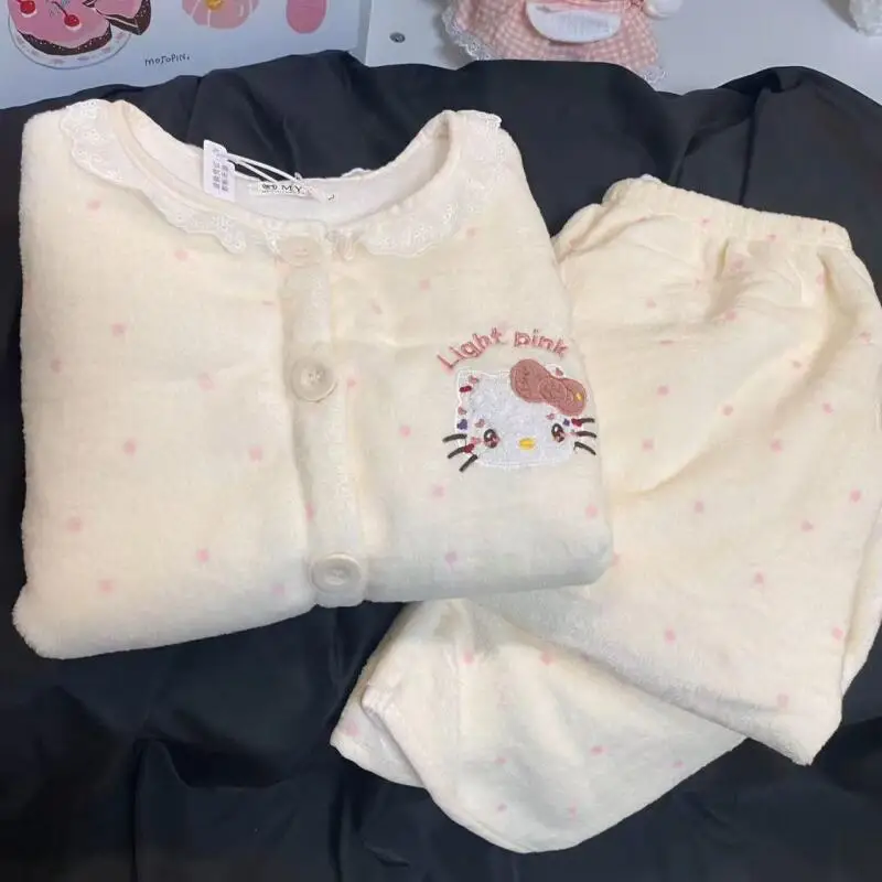 

Hello Kitty Women Pajama Set Flannel Cardigan Sweet Cute Girl Fall Winter Home Outdoor Wear Loungewear Sanrio Sleepwear Kawaii