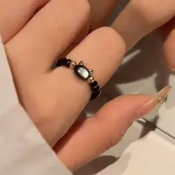 Couple Moonstone Rings Natural Obsidian Beaded Cute Black White Mini Cat Handmade Minimalist Elastic String Women Men Jewelry