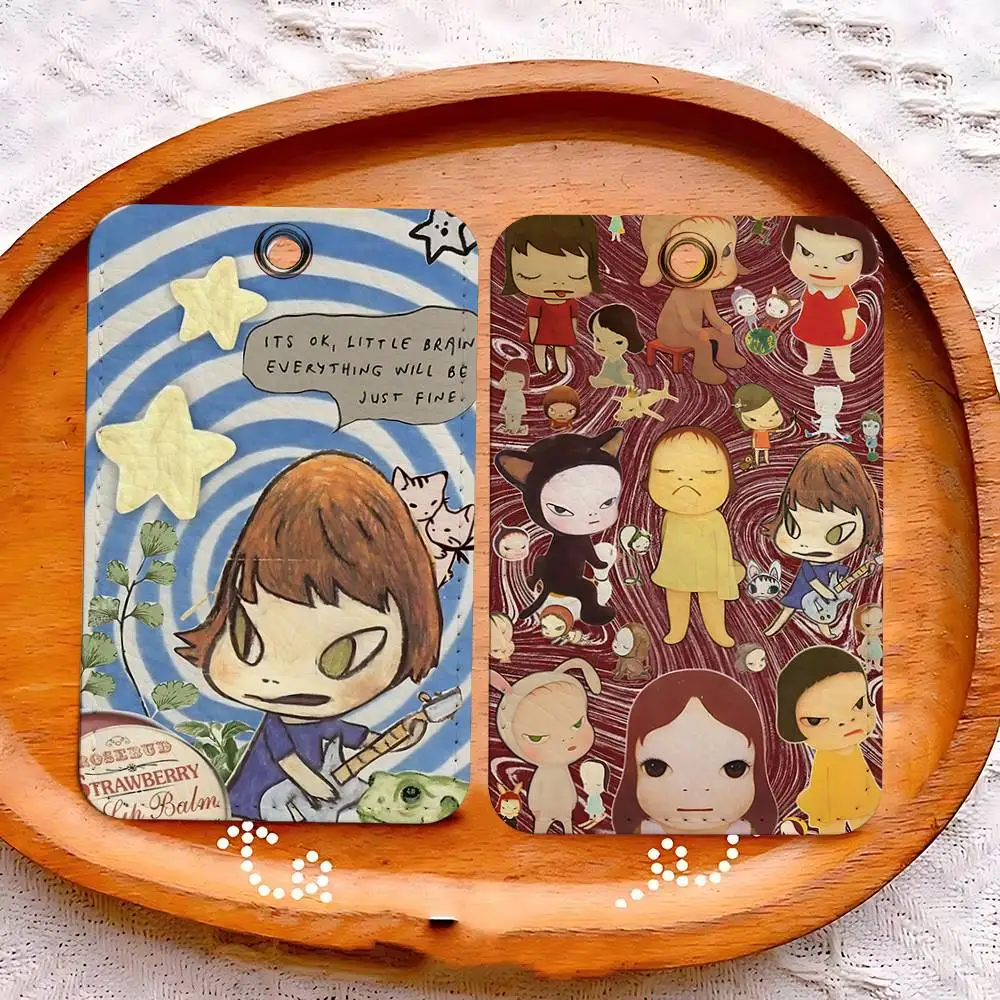 Yoshitomo N-Nara Rectangle ID Card Case Keychain Access Card Bag Key Tag Ring Leather Card Holder Key Ring Access