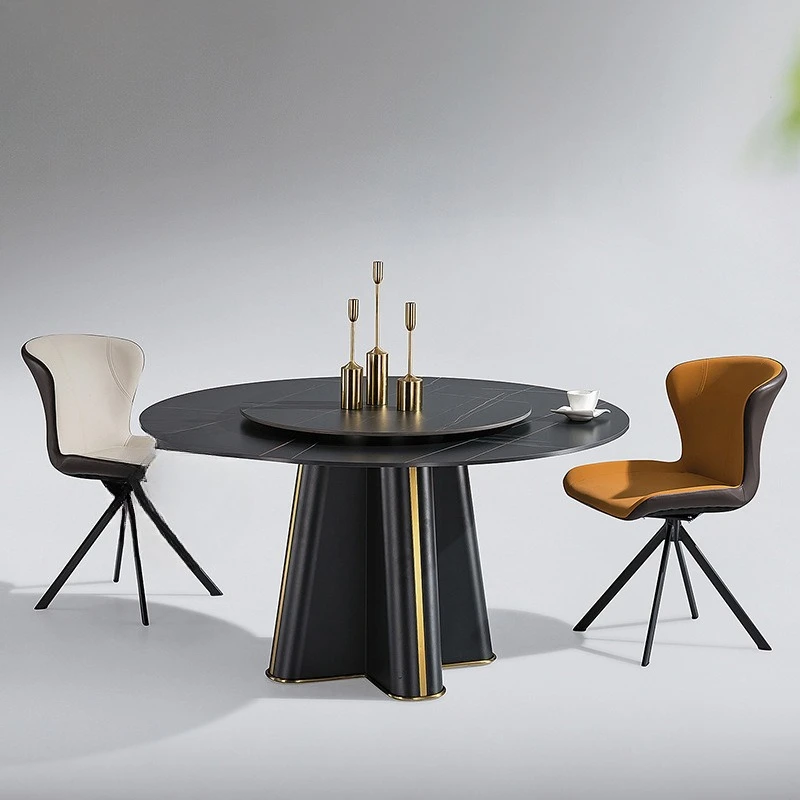 

Light luxury dining table and chair combination round table carbon steel modern simple rock slab