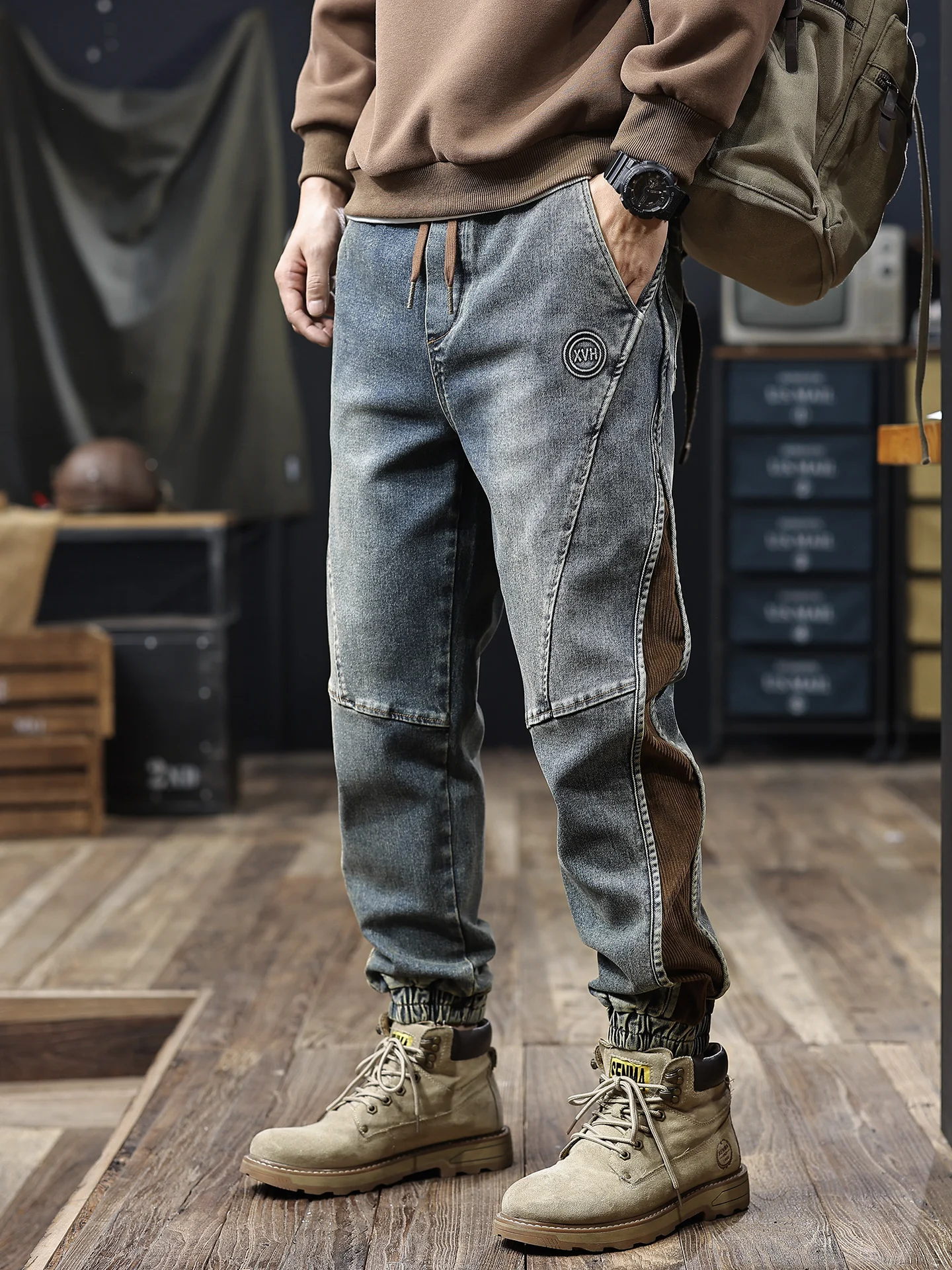 

Retro American Spliced Color Block Men's Jeans Loose Cuffed Casual Pants Autumn New Style Trendy Brand Versatile Student Youth