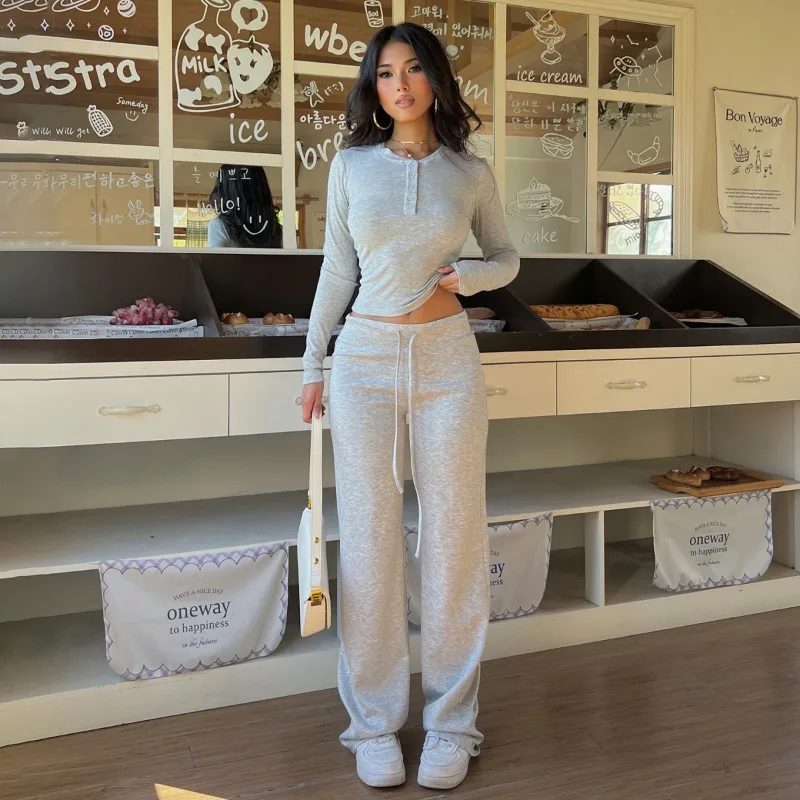 Autumn Comfy Tracksuits Women Grey O-neck Long-sleeved Slim Cropped Yoga Tops with Elastic Long Sweat Pants Casual Fitness Suit