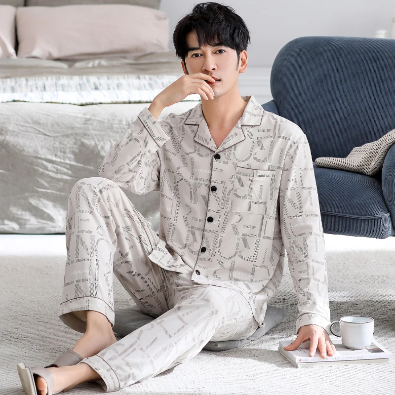 Spring and Autumn Men Pajamas Set Knited Cotton Long Sleeve Sleepwear Male Turn-down Collar Pijama