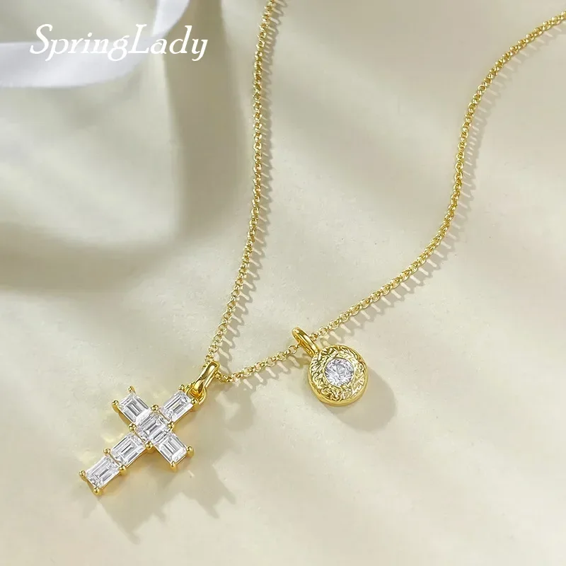 

SpringLady 18-каратное позолоченное 100% стерлинговое серебро 925 пробы 3*4 мм высокоуглеродистый бриллиант крест кулон ожерелье ювелирные изделия подарки