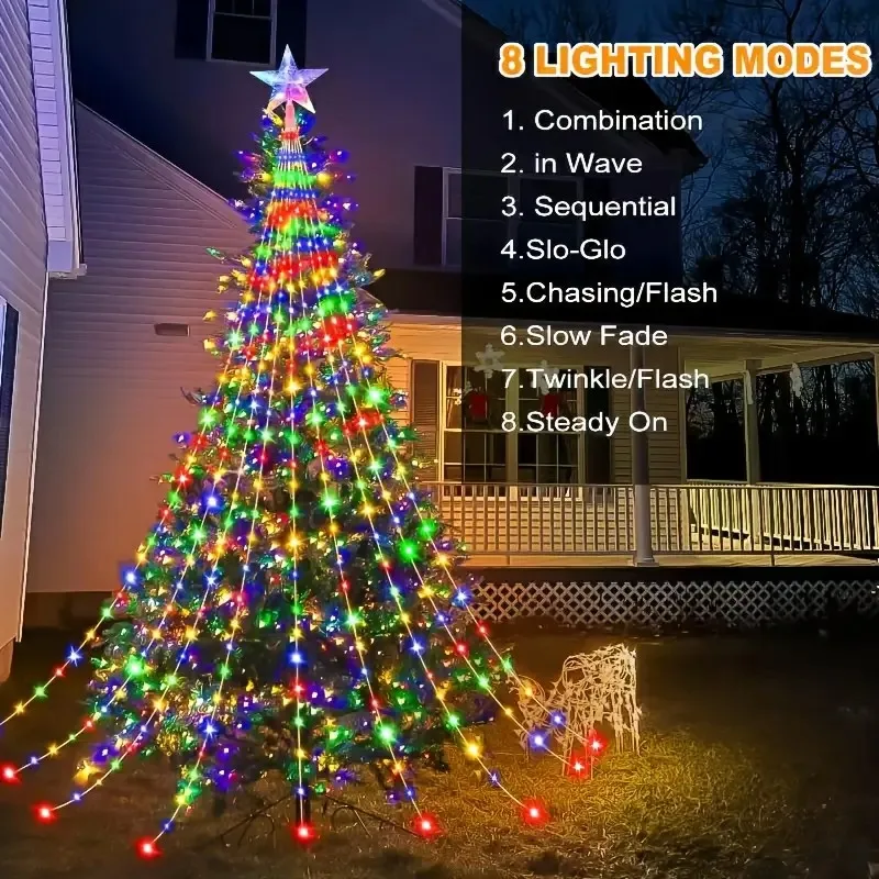 Luces LED solares de cascada con forma de estrella navideña con 8 modos: uso interior/exterior para árbol de Navidad, cortina de jardín, patio
