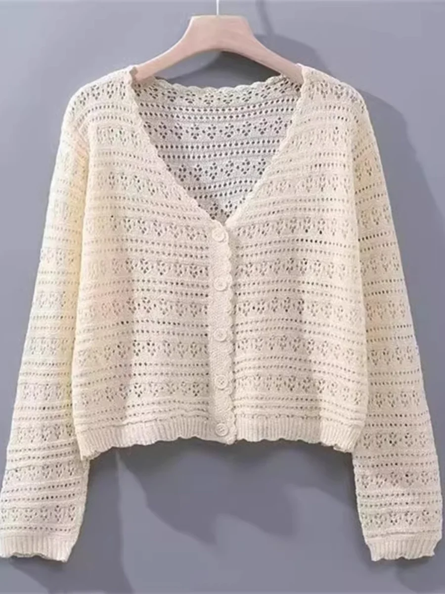

Легкий летний кардиган из вязаного шелка с V-образным вырезом и ажурными элементами, женская верхняя одежда больших размеров в корейском стиле