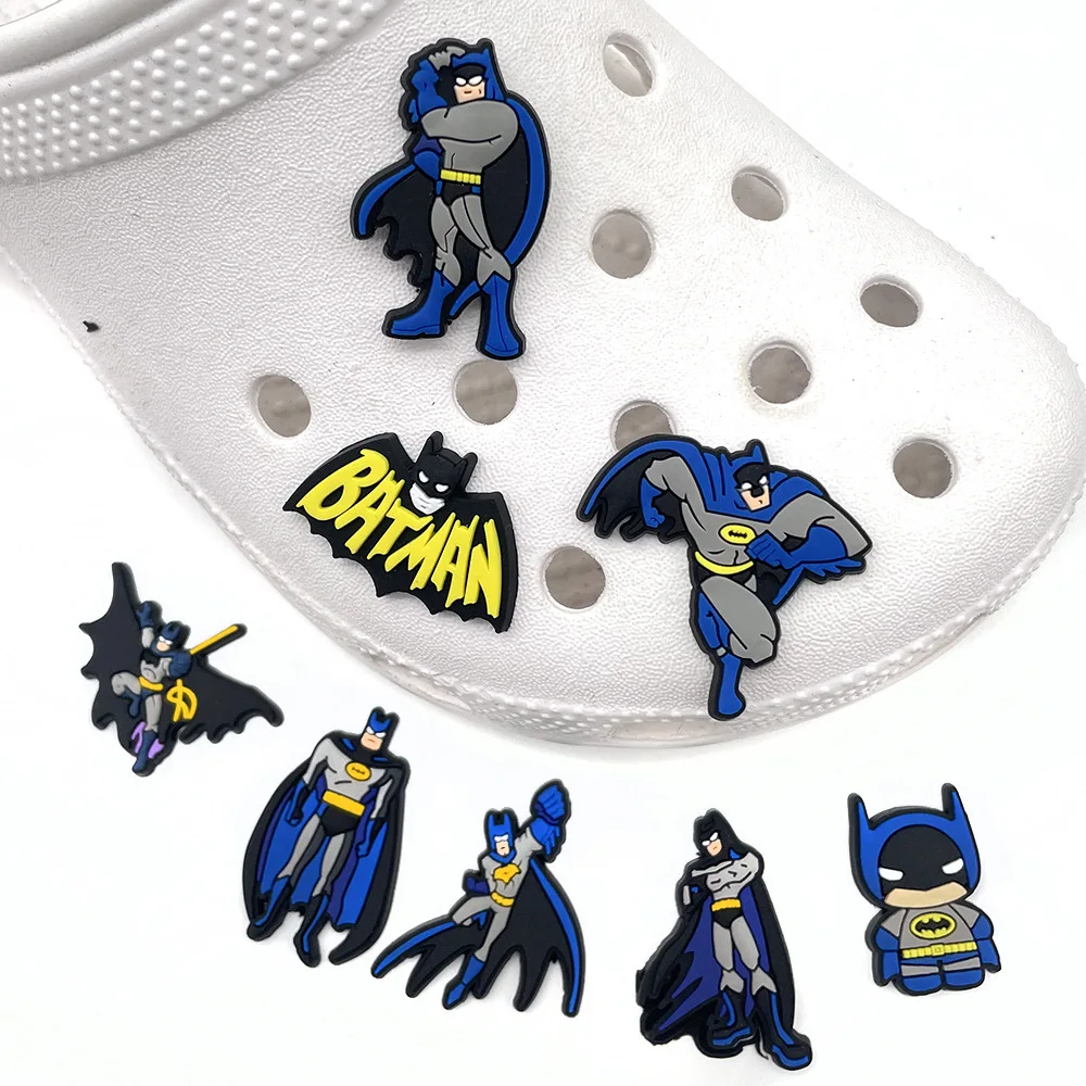 1/8pcs Cool Cartoon Superhero Rubber PVC Shoe Charms Bat Figure 3D Clog Decor No MOQ DIY Custom For Slides Sandals Boys Gifts