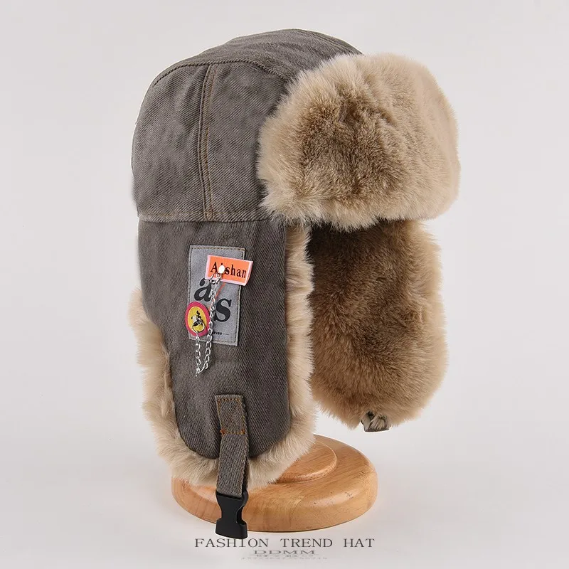 Winter Thick Ushanka Hat for Men & Women Windproof Warm Earflap Cap with Faux Fur Applique & Chain Trendy Biker Cotton Beanie