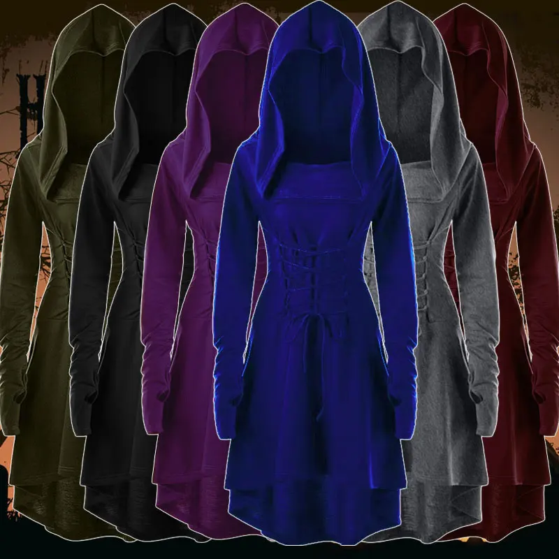 

Women Renaissance Medieval Cosplay Costume Lady Vintage Hooded Robe Lace Up Pullover Dress Cloak Halloween LARP Party Cape