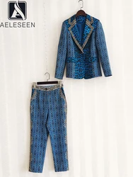 AELESEEN Women Autumn Winter Two Piece Set Runway Fashion Blue Printed Single Button Blazer + Full Length Pants Elegant Suit