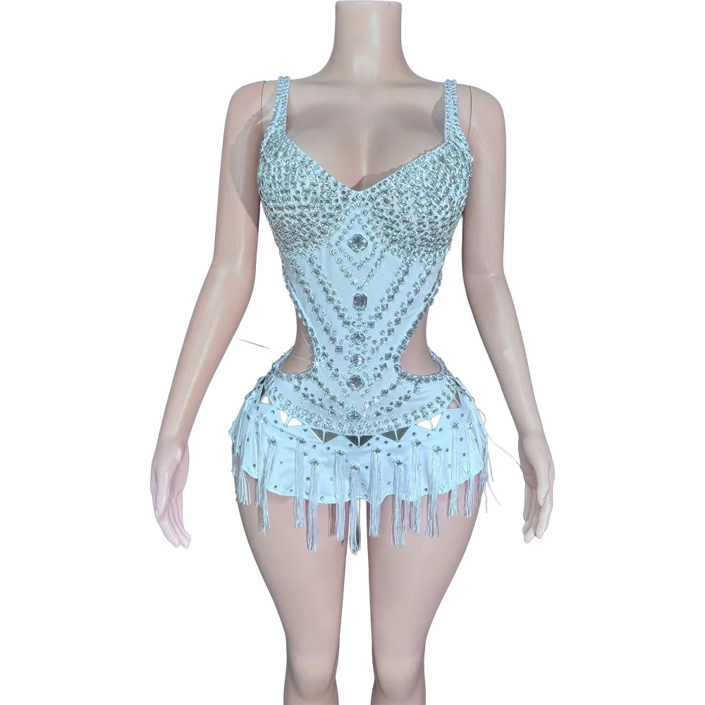 

Sparkly Rhinestones Silver Sequins Tassels Bodysuit Women Sexy Evening Prom Celebrate Birthday Party Photo Shoot Stage Wear