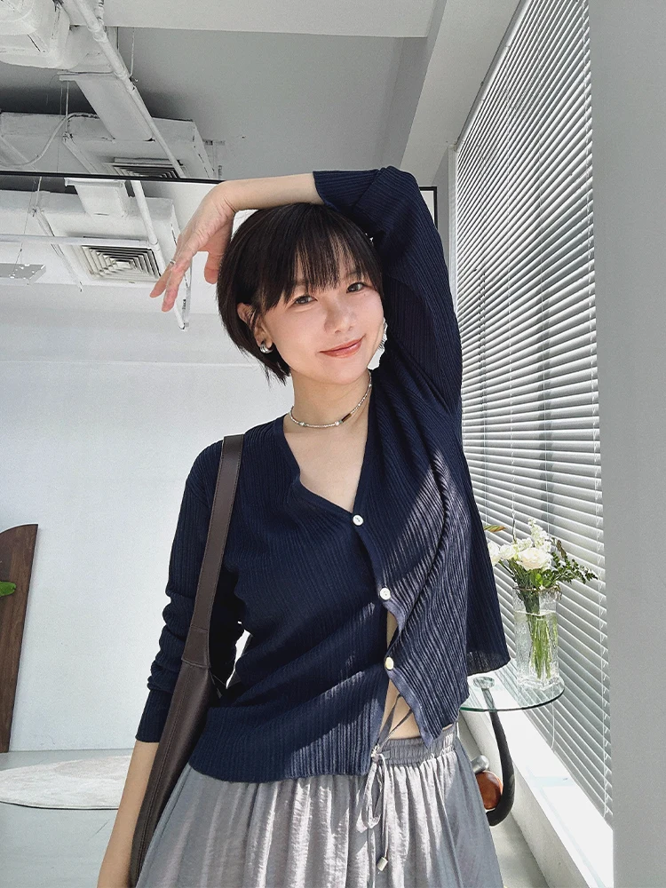 

Monica Sugar Skin Acetate Linen Lyocell Summer Lightweight Texture Sun Protection Knitted Cardigan V-ne Long Sve ort Coat