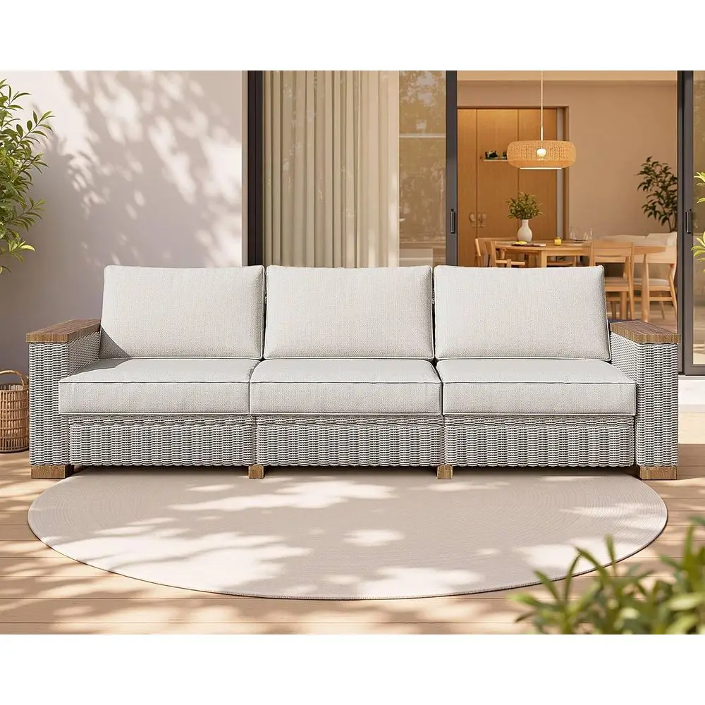 

3-Seat Outdoor Patio Sofa, Weather-Resistant Wicker Couch with Wooden Armrests and Legs, 4.7 Thick Cushions, UV-Protected for Po