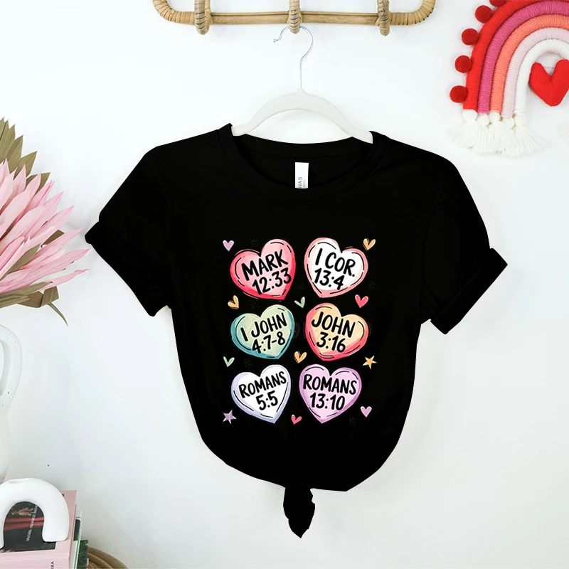 Women's Clothing Christian Valentine Gift Candy Hearts Crew Neck Short Sleeve T-shirt Valentine Bible Verse Fashion Casual Tops