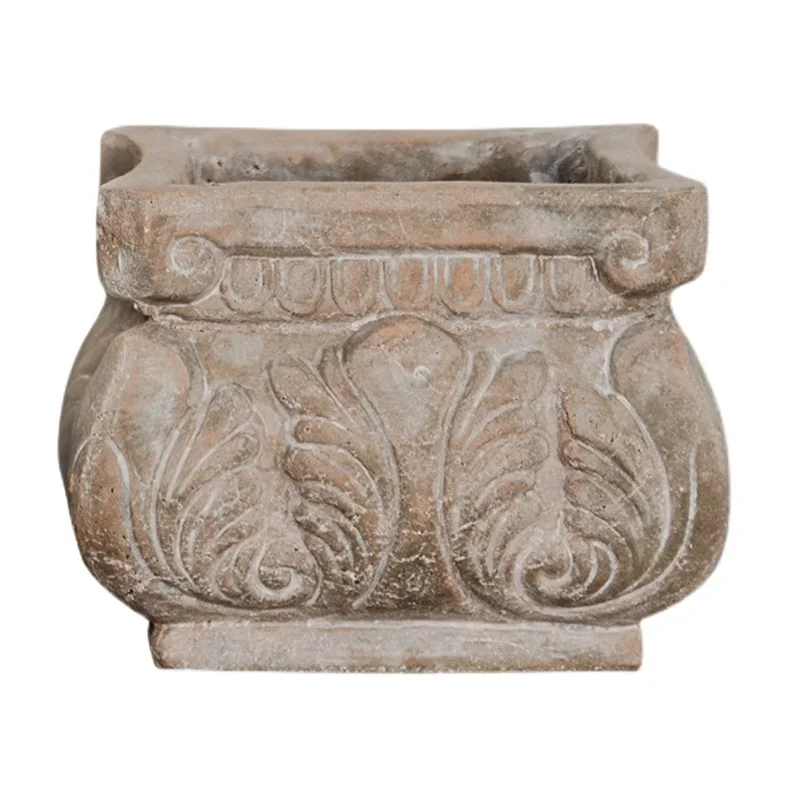 Square Weathered Vintage Style Terracotta Planter, Embossed Rustic Outdoor Plant Pot & Garden Decor