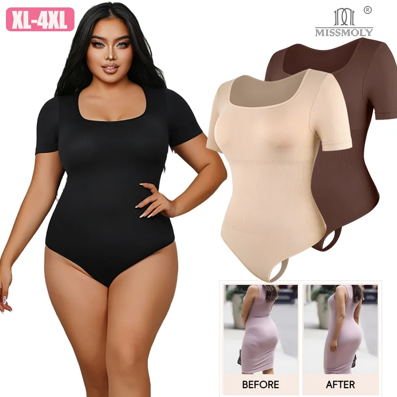 Miss Moly Plus Size Bodysuit für Damen, kurzärmelig, Ganzkörperformer, Taillentrainer, Po-Lifter, Tanga, Höschen, Bauchkontrolle