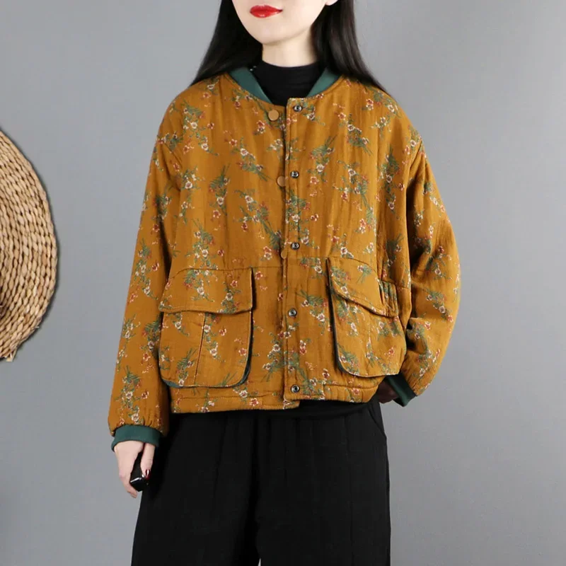 

Chinese Floral Tang Suit Short Women Ethnic Style Loose Padded Jacket O-neck Thicken Oriental Retro Harajuku Coat Autumn Winter