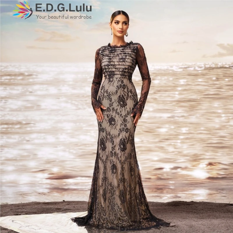 EDGLuLu O Neck See Through Mesh Embroidered Lace Chic Evening Dress Woman Elegant Long Mermaid Dresses New 2025 1226