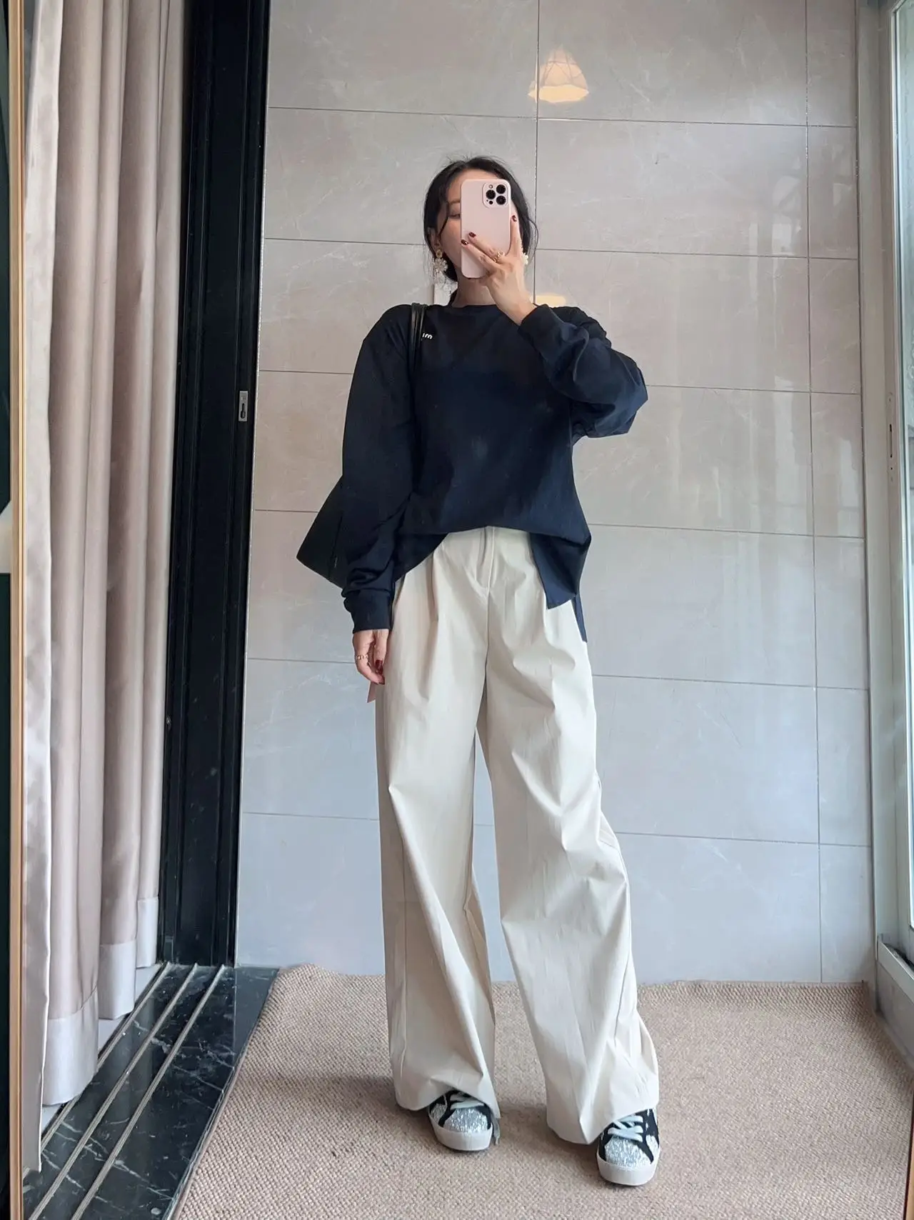 

Princ Barbara Home Thin Embroidered Letter Deep Blue Slim Soft Overhead Long Sve T-irt Cotton Pure Chinese Sle Loos...