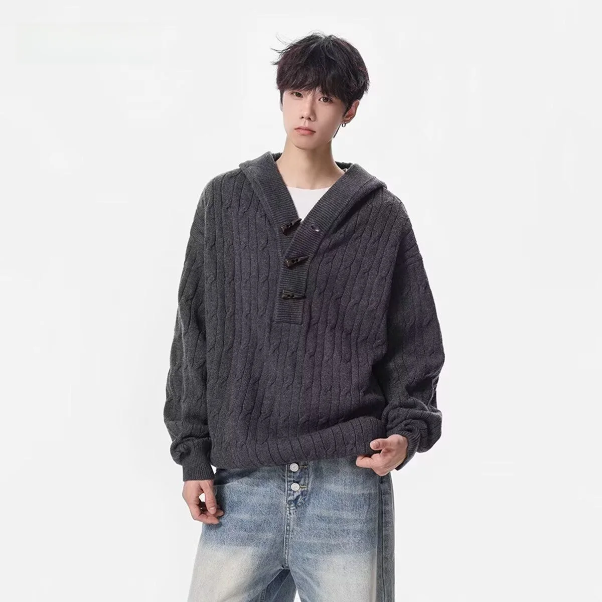 

Мужской вязаный свитер оверсайз в американском уличном стиле, осенне-зимний, из полиэфирного волокна, с длинными рукавами, стандартный крой