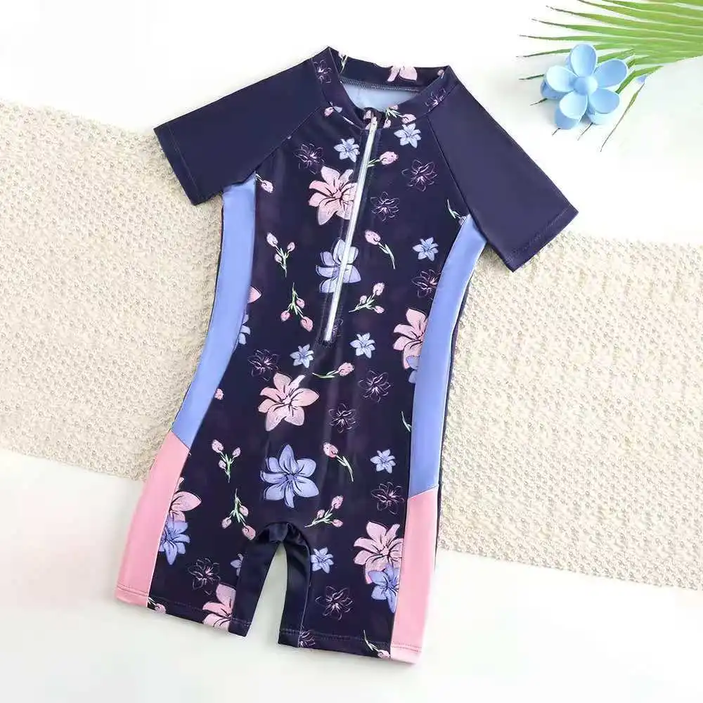 

Floral Print One Piece Girls Swimwear 4-7 Year Kids Short Sleeve Swimsuit Zipper Summer Toddlers Children Bathing Suit Beachwear