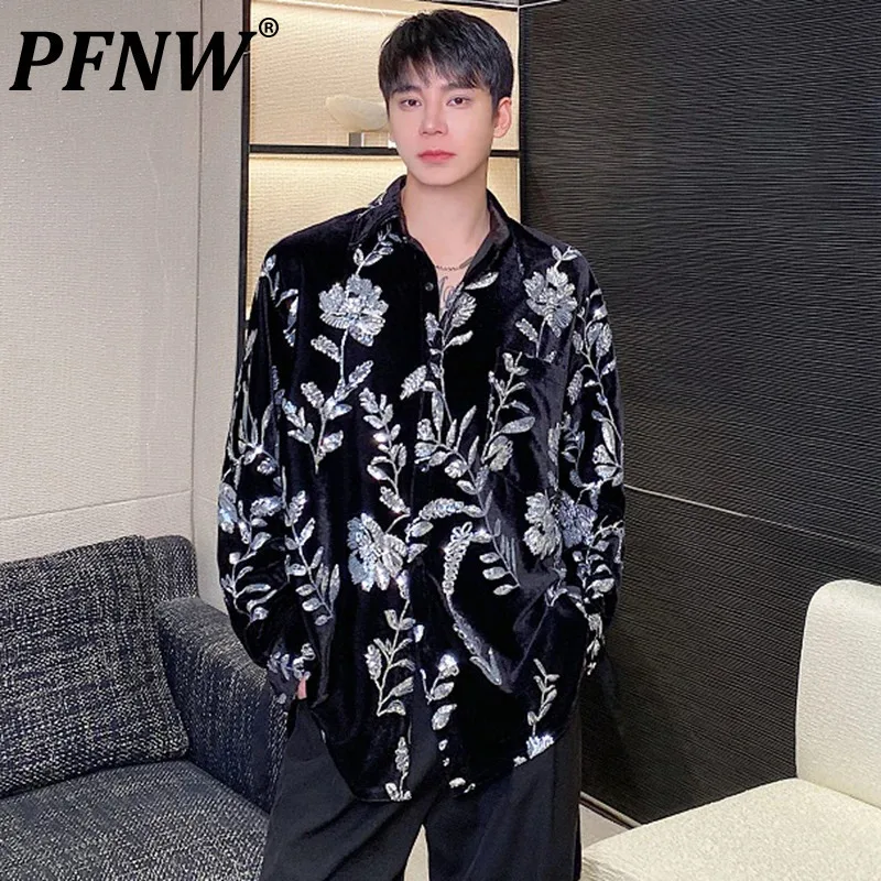 

PFNW Men's Tide Chic Shirts Personality Lace-up Sequin Embroidery Color Contrast Turn Down Collar Long Sleeve Shirts New 9C4984