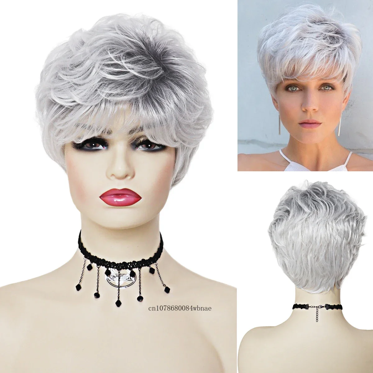 Classic Short Pixie Cut Synthetic Wig for Women Silver White Ombre Color Wigs Soft Heat Resistant Fluffy Hair Daily Old Lady Use