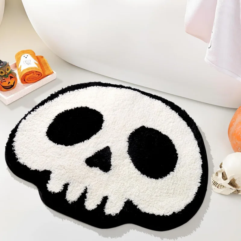 VIKAMA Skull Bath Rug Halloween Gothic Doormat White Black Skeleton Irregular Non Slip Absorbent Soft Bathroom Decor Mat