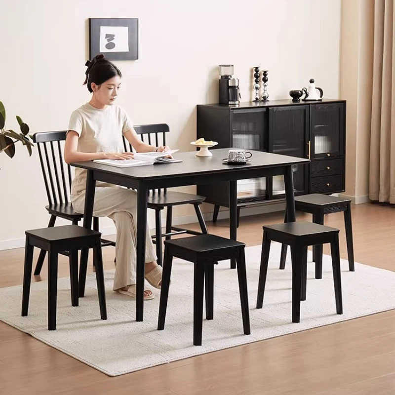 Stackable Solid Wood Stool Black Square Dining Bench for Living Room Minimalist MultiPurpose Seating Compact Home Furniture
