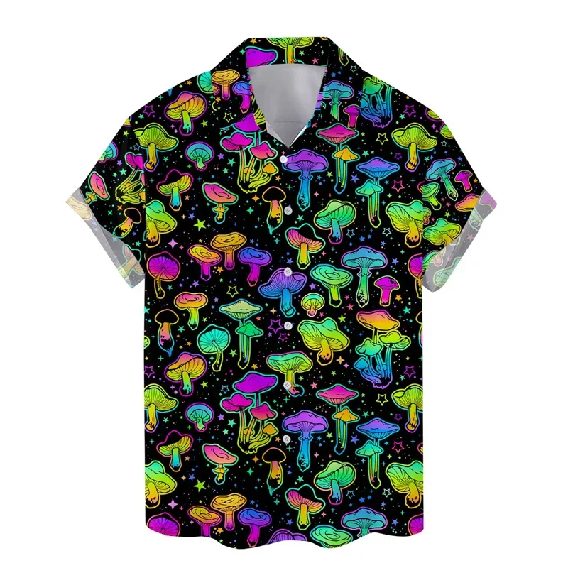 Camicia hawaiana con stampa 3D di funghi colorati per uomo Vacanze estive Piante Camicie da spiaggia Camicia Aloha da strada a maniche corte con bottoni
