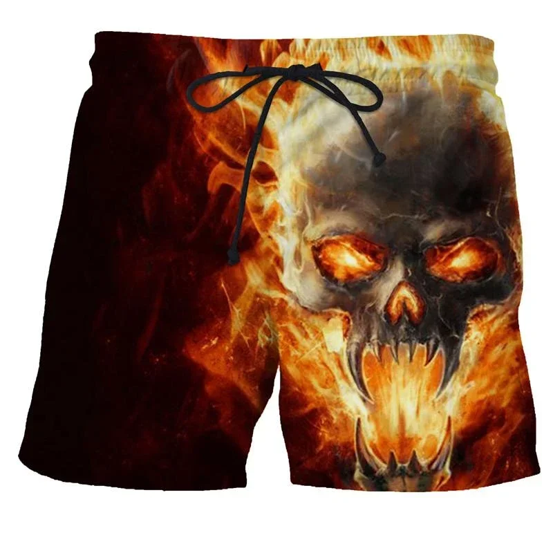 Summer Cool Flame Skull Quick Drying Shorts for Men's Hip Hop Shorts 3D Printed Skull Pattern Beach Shorts for Men's Casual Spor