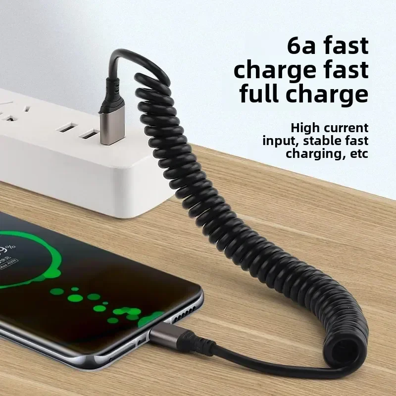 Super Fast Charge Car Spring Retractable Data Cable 6A Suitable For Huawei Apple Motorcycle Charging Line Storage Accessories