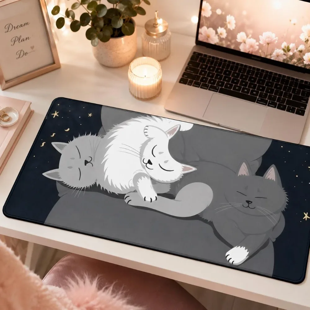 Sleeping Cat Desk Mat, Cute Kitty Mouse Pad, Cozy Night Sky Gaming Deskmat, Cat Lover Office Mousepad gaming room decoration