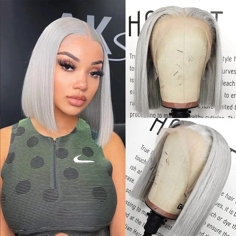 180 Density Grey Straight 13x4 Lace Front Human Hair Wigs Brazilian Colored HD lace Front Wig For Women 100% Human hair bob wig