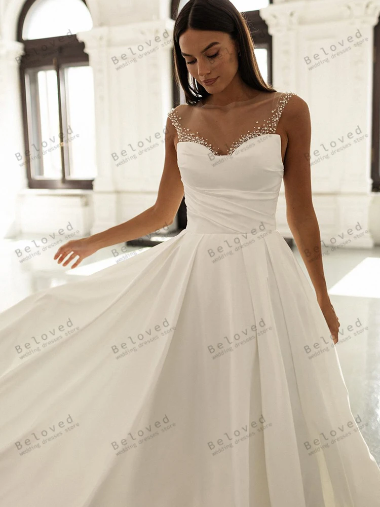 우아한 웨딩 드레스 라인 새틴 신부 가운 레이스 아플리케 민소매 바닥 길이 간단한 베스 티드 드 노비아 맞춤 제작