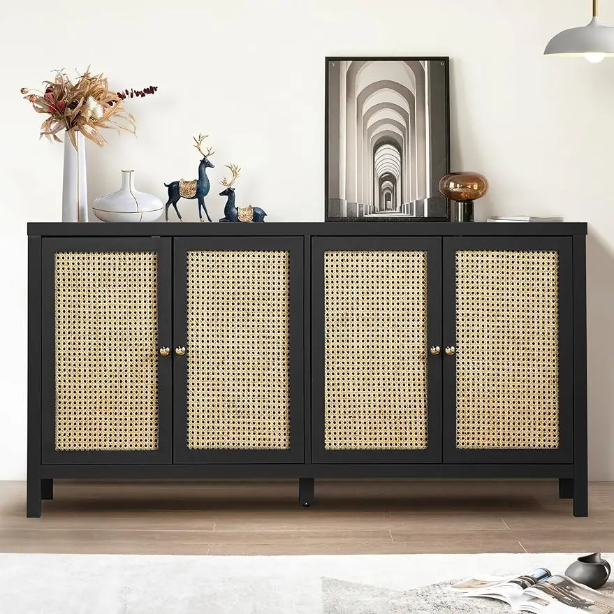 

Sideboard Buffet Cabinet,Rattan Accent Cabinet Storage Cabinet Console Table with 4 Doors and Adjustable Shelves for Living Room