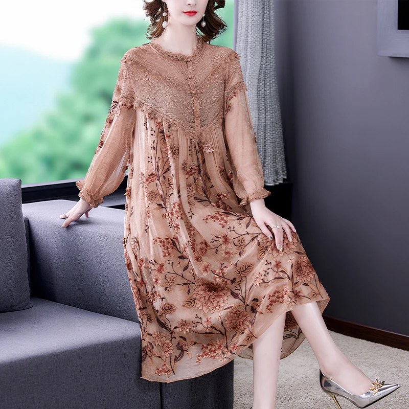 Women Fashion Embroidery Floral Silk Ruffled Collar Midi Dress 2024 Light Casual Loose Dress Autumn Korean Vintage Party Dresses