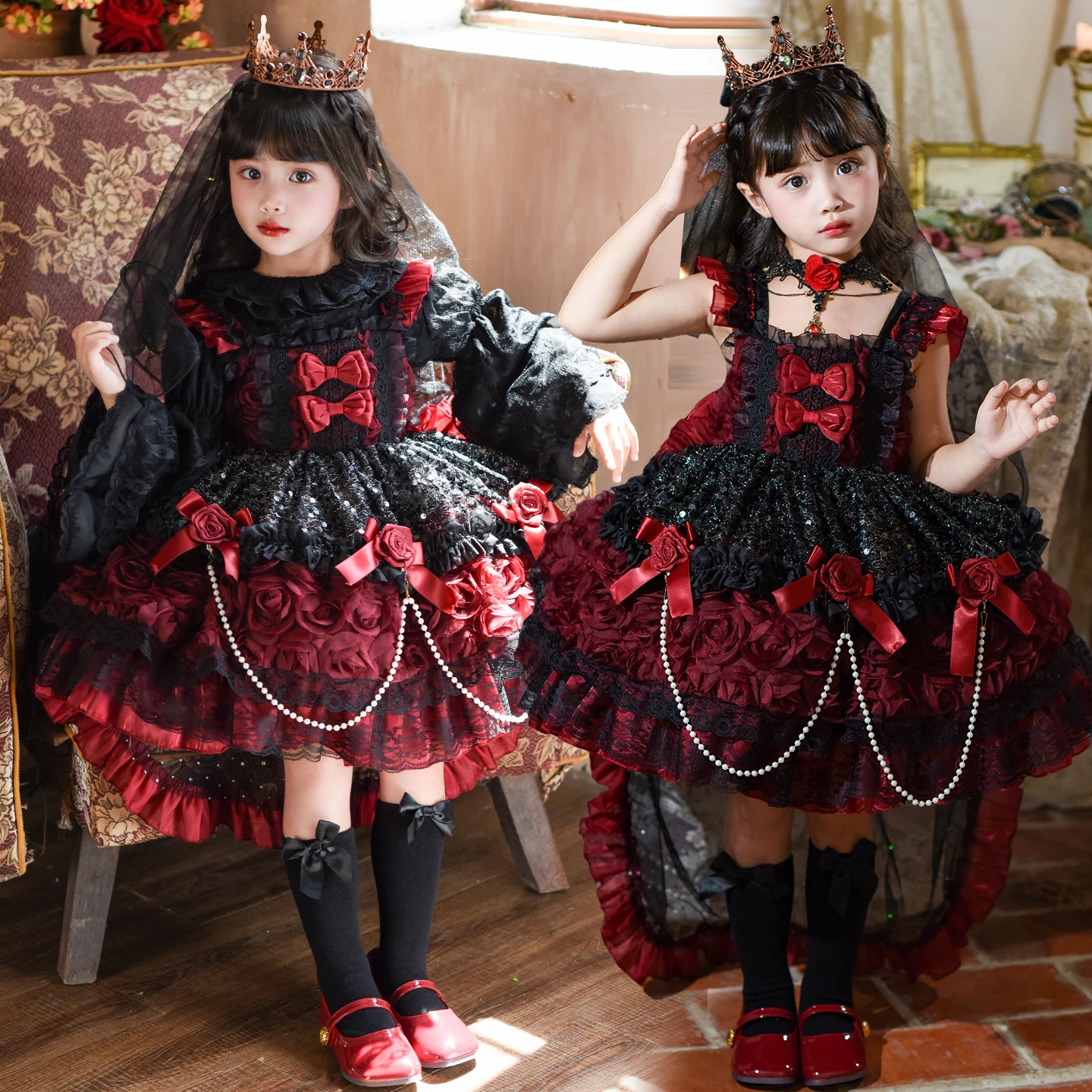 Halloween Kids Lace Princess Dress With Tail 3-12 Years Old Girls Trick or Treat Black Rose Outfit Short Sleeve Lolita Clothing
