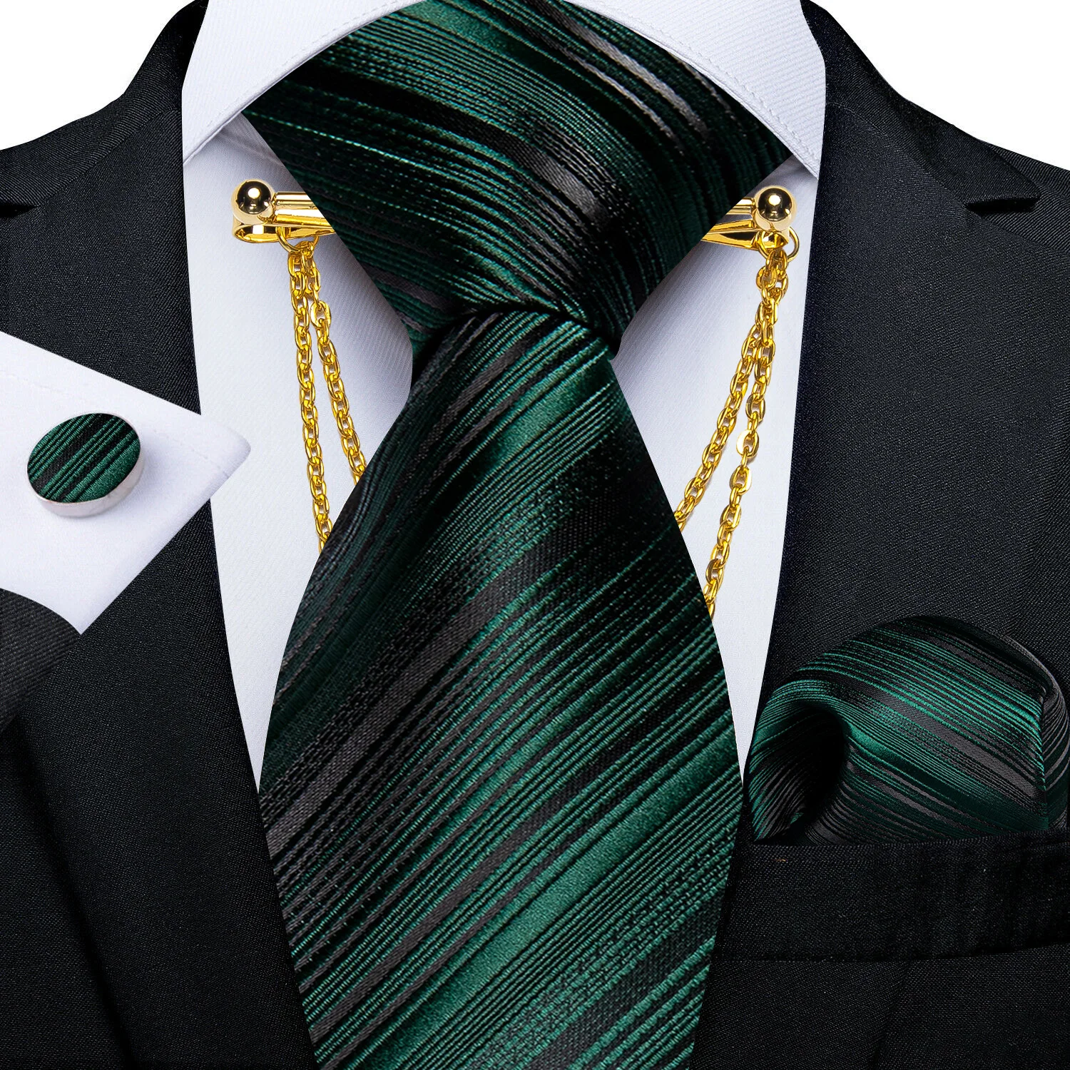 Golden Floral Striped 8cm Necktie Handkerchief Cufflinks Clip Black Wedding Party Ties for Men Gift