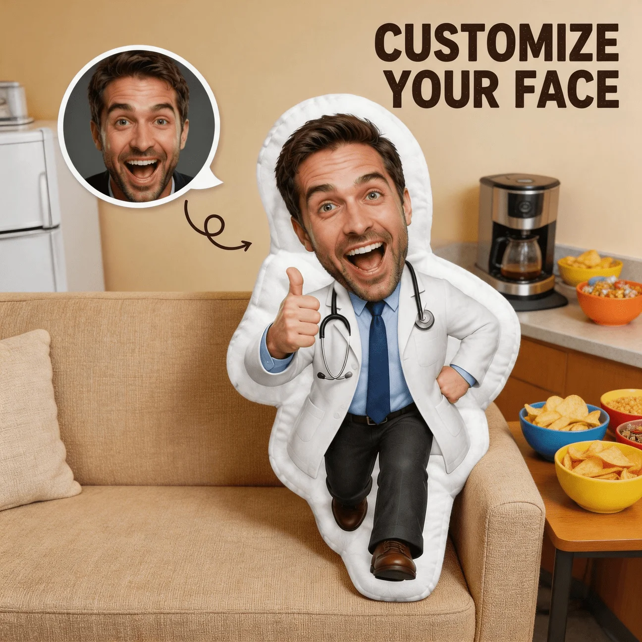Custom Face Doctor Character Shaped Pillow, Personalized Photo Customization Decorative Cushion, 70CM Large Size Accent Pillow f