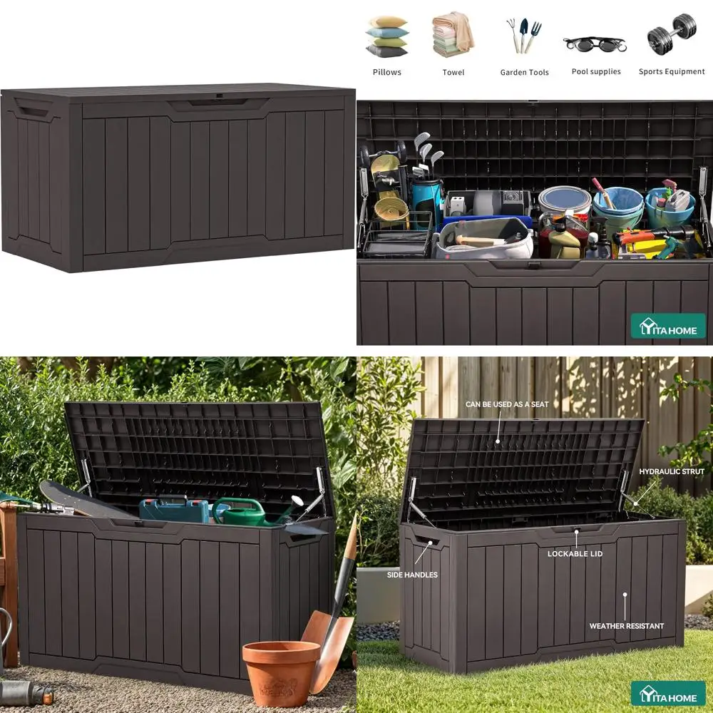 

100 Gallon Resin Deck Box, Weather Resistant Outdoor Storage Box, Lockable Indoor Outdoor Storage for Supplies and Essentials, D